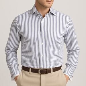 Paul Fredrick Blue White Herringbone Stripe French Cuff Dress Shirt 15.5 32